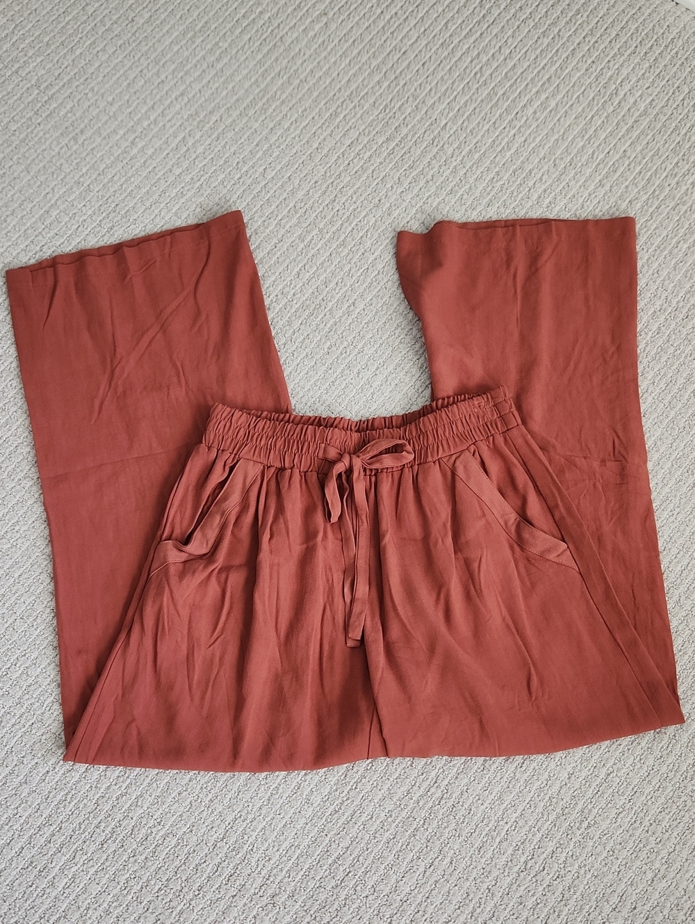 Rust Wide-Leg Linen Drawstring Pants